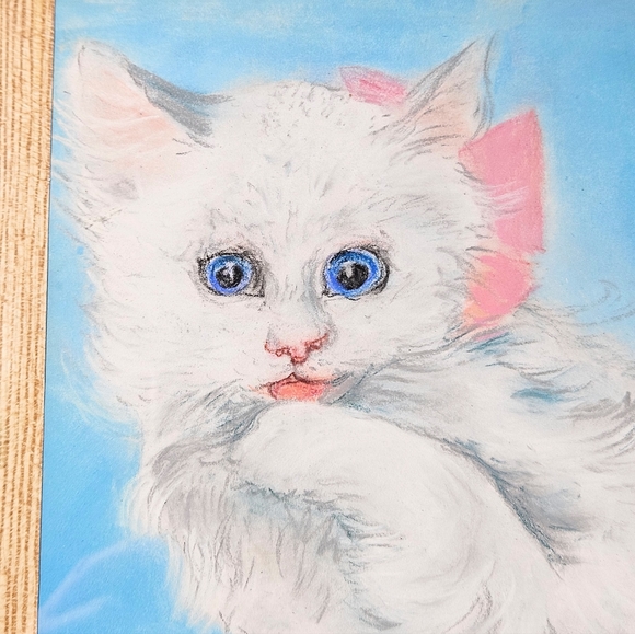 Vintage Signed Pencil Drawing Cat Glass Asian Tray Bamboo Handles 14x12 OOAK - Picture 3 of 8